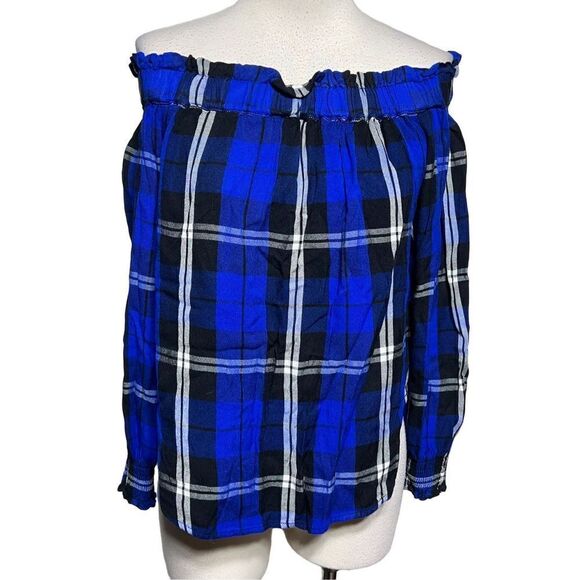 Sanctuary Cold Shoulder Long Sleeve Blue Flannel Blouse Size Small - Picture 3 of 6